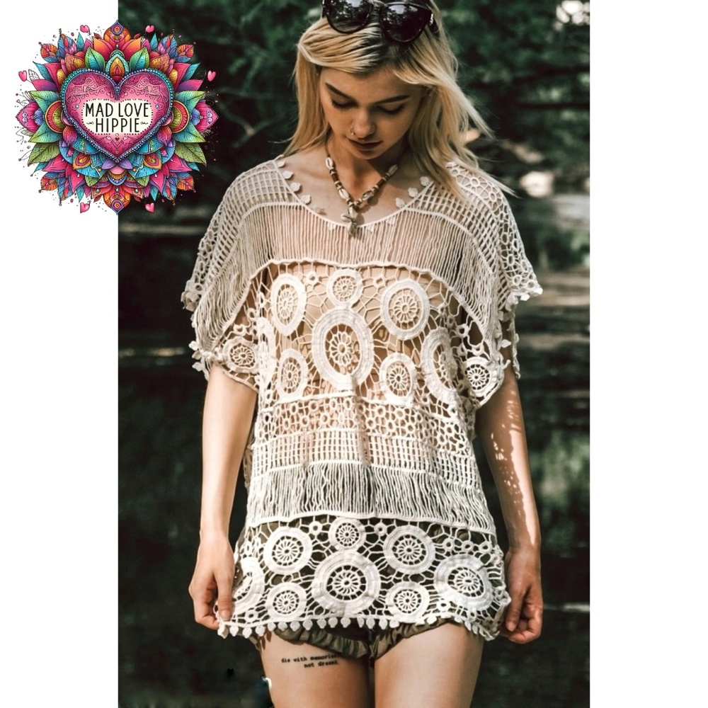Cream Crochet Geometric Pattern Sheer Layering Tunic Top